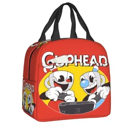 Sacos de almoço isolados para mulheres, Cuphead e Mugman, refrigerador térmico reutilizável, caixa de alimentos, trabalho, escola, viagem