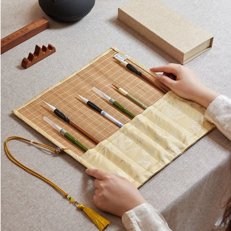 Bamboo Calligraphy Brush Curtain Roll Up Pen Holder Traditional Chinese Painting Brush Storage Pouch Portable Art Brush Case