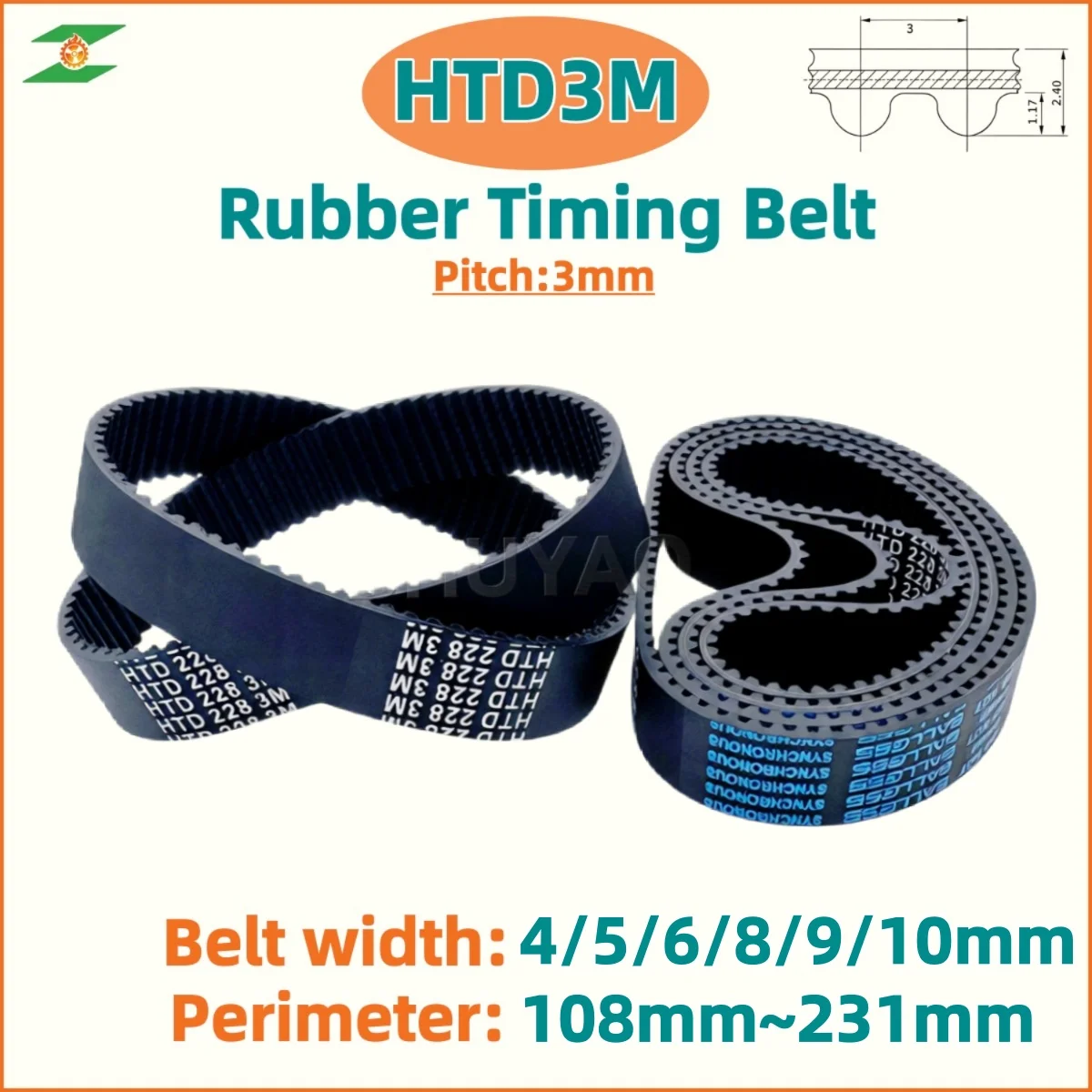 HTD 3M Closed Loop Rubber Timing Belt Length 108/111/114/117/120/123/126/129/132/135/138/141/144/147~225 228 231mm Width4mm~10mm