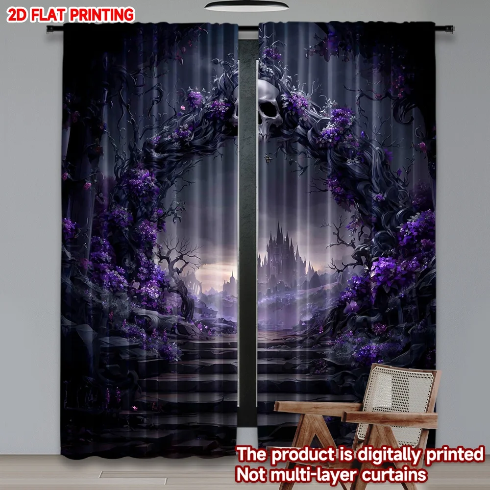 

2D плоская цифровая печать, 2 шт. штор для окон с изображением темного замка в стиле фэнтези, полиэстеровые занавески для любого сезона, для вечеринок и праздников