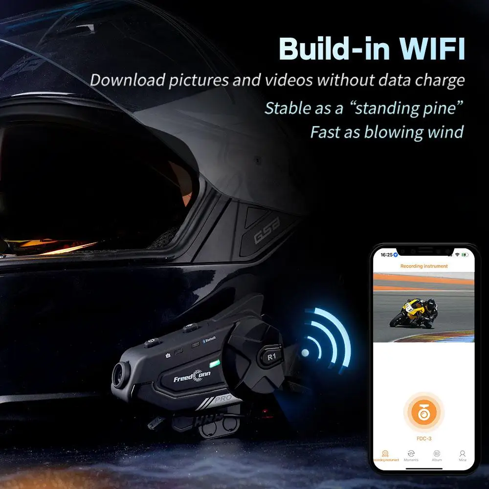 Freedconn-intercomunicador R1 Pro para casco de motocicleta, interfono con cámara de vídeo, WiFi, grabadora, 6 conductores, 1440P, 2K