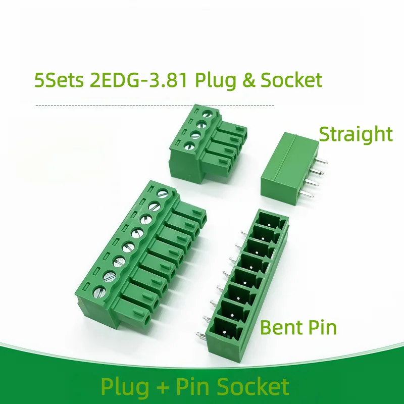 5Sets KF2EDG-3.81 Plug & Socket 15EDG 3.81mm Pitch Pluggable Terminal Block Straight Bent Pin Header 2P to 24Pins PCB Connector