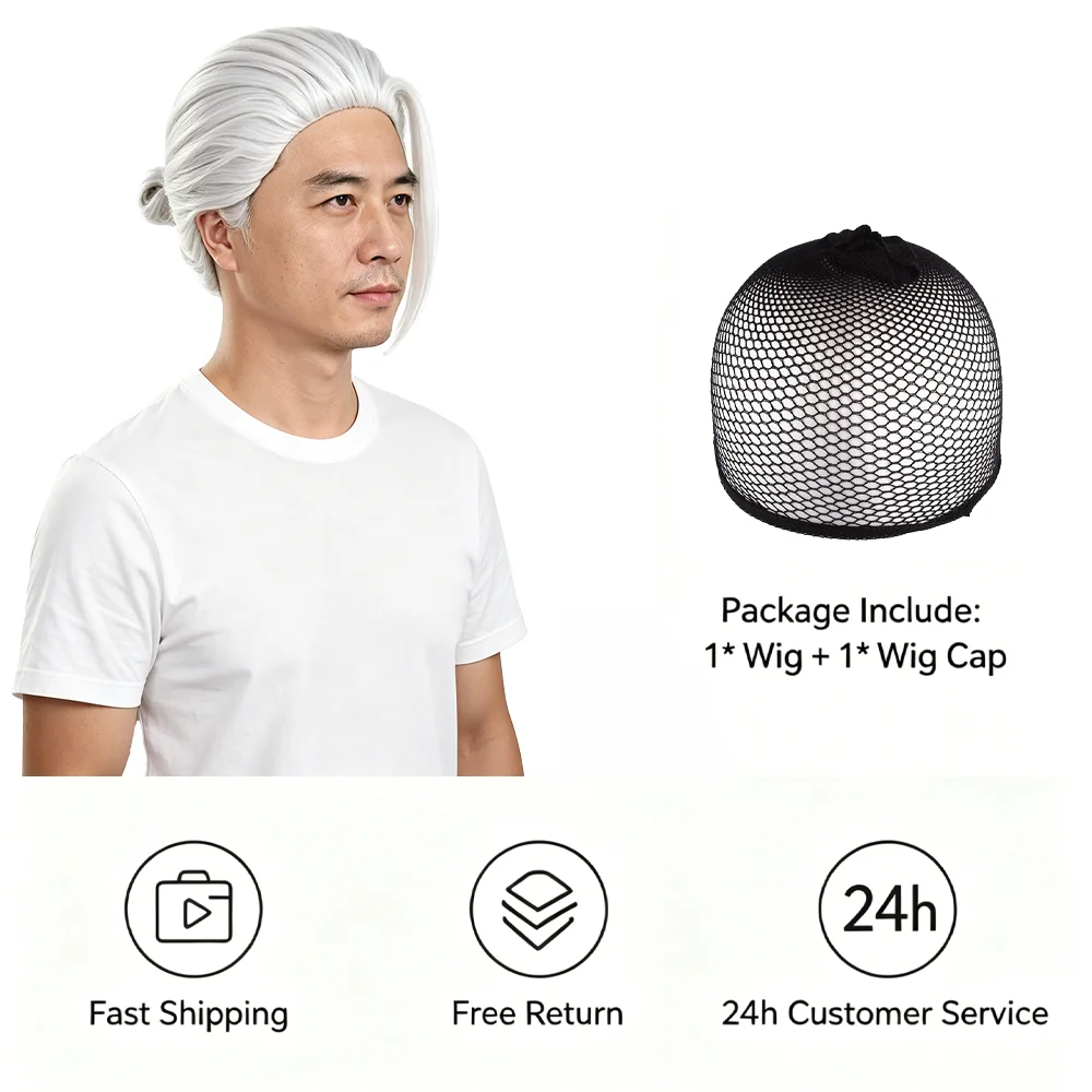 Taro Sakamoto Silver White Bun Wig Slicked Back Heat Resistant Synthetic Hair Easy to Style Unisex For Cosplay Party Daily Wear