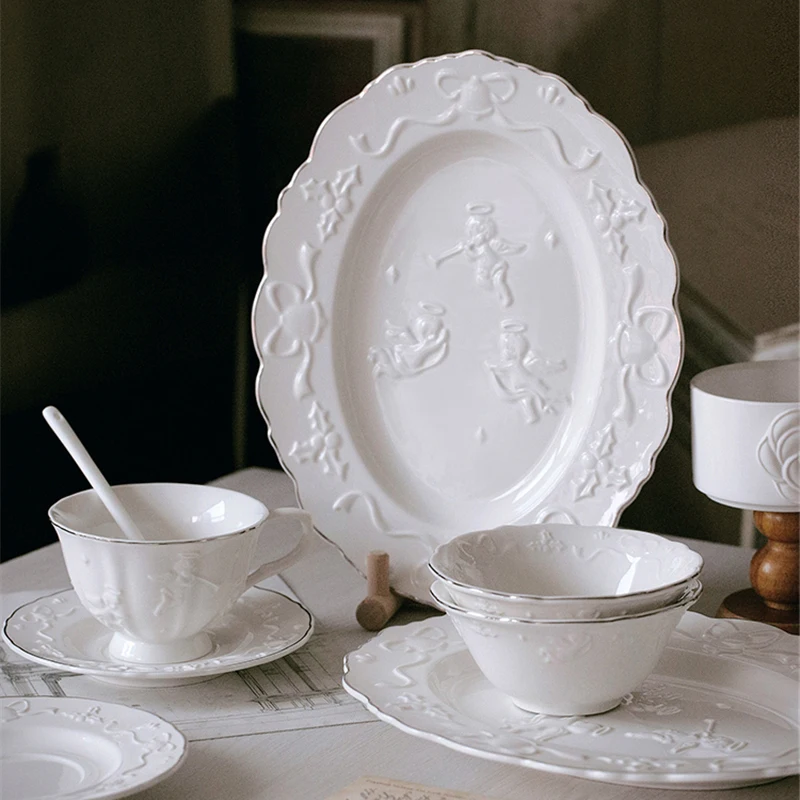 Ceramic Cup and Saucer White Embossed Angel Handmade Coffee Cup Saucer Oval Plate French Elegant Tableware Fruit Dessert Bowl