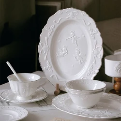 Ceramic Cup and Saucer White Embossed Angel Handmade Coffee Cup Saucer Oval Plate French Elegant Tableware Fruit Dessert Bowl
