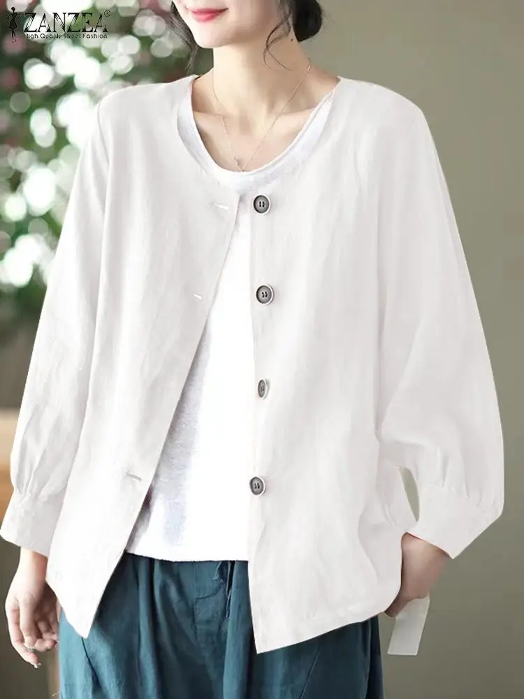 ZANZEA Autumn Cotton Linen O Neck Shirts Women Casual Loose Long Sleeve Overshirts Korean Fashion Solid Color Button Up Blouses