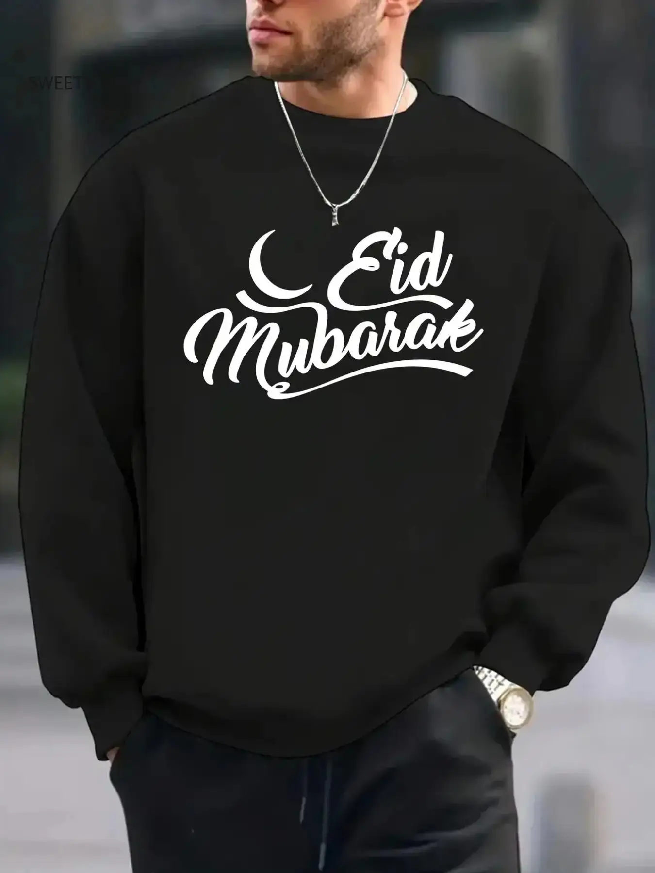

Men's Eid Mubarak Print Crew Neck Sweatshirt - Black Long Sleeve Pullover with White Lettering, Comfortable Regular Fit for Fall