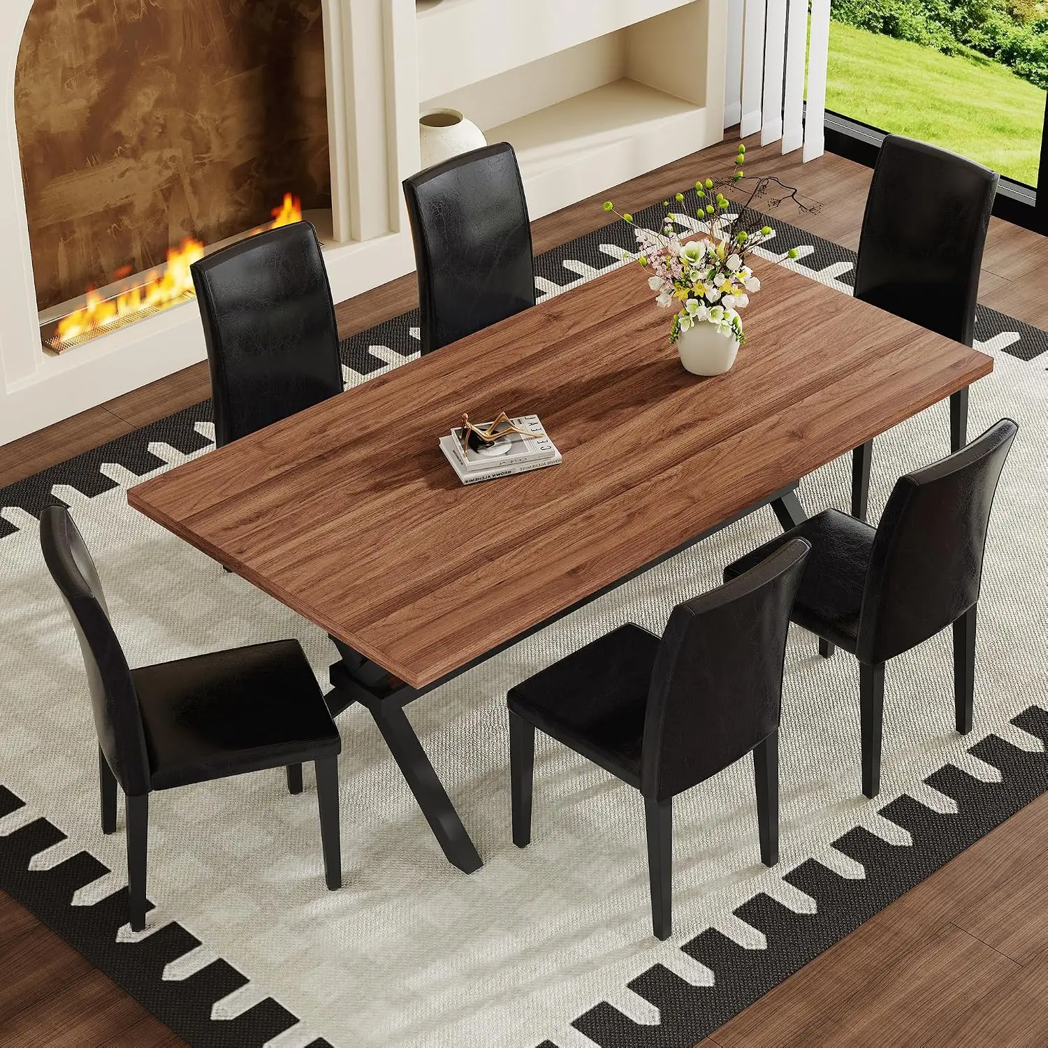 71" Farmhouse 7-Piece Dining Set for 6, Rectangular Walnut Wood Grain Table & Chairs for Kitchen Dining Room, Custom