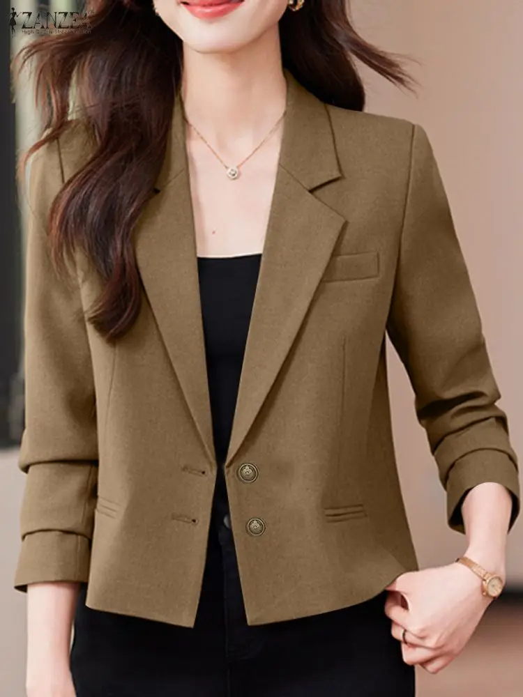 

ZANZEA Women's Autumn Long Sleeve Blazer Elegant Notched Lapel Button Up Solid Color Suit Coats Commuting Office Wear S-3XL