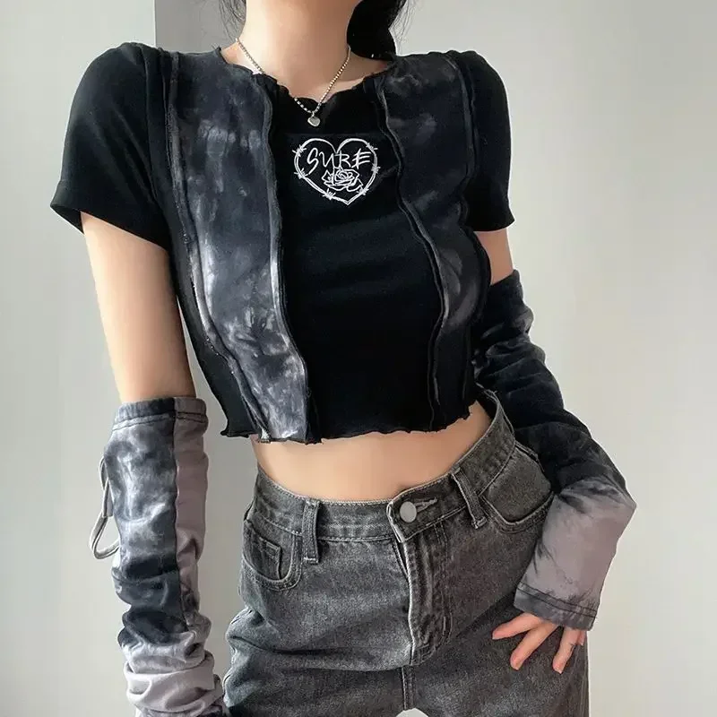 Y2k Tie Dyed T-Shirt Women's Patchwork Cropped Tops Removable Sleeve Gothic Tee Vintage Kpop Tank Top Aesthetic Clothes Harajuku