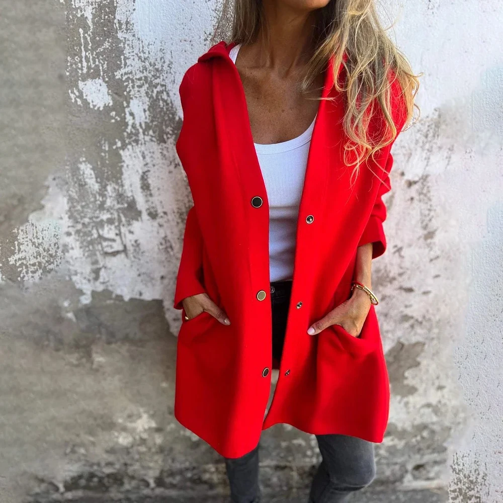 Bild 6: Plus Size Damen Casual Solid Herbst Winter Kapuzenjacke Einreihige Strickjacke Warm halten Langarm Lose Modejasken