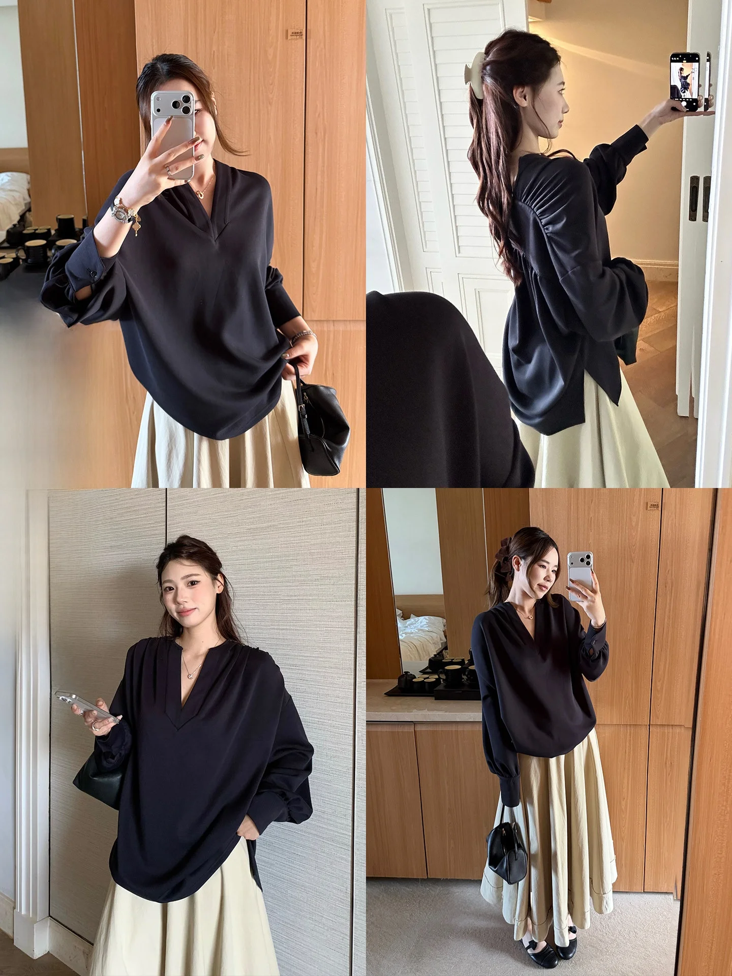 

Xzichic Women's V-neck Shirt Cloud Copper Ammonia Air Layer Skin-friendly Lantern Sleeve Long Sleeve Comfortable Breathable