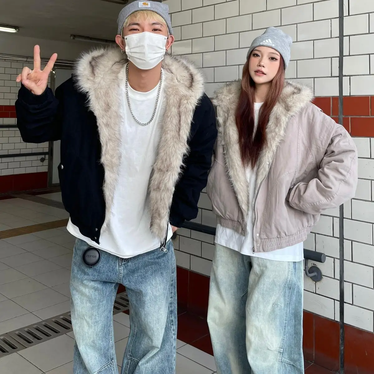 

High Street модные уличные парки Y2K в стиле панк Harajuku ретро куртка-бомбер с меховым воротником мужская хип-хоп свободное повседневное теплое пальто женское