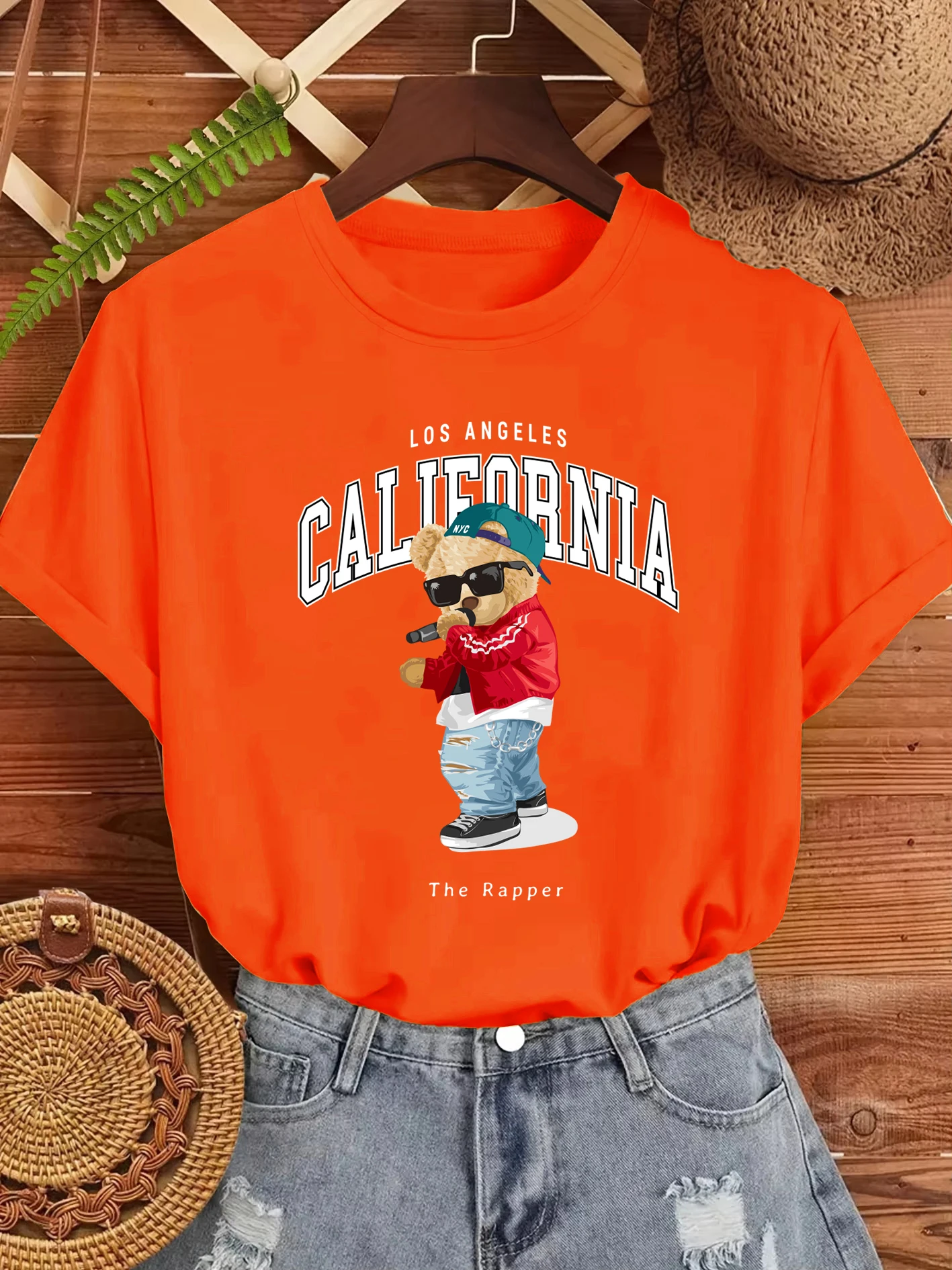 Camiseta con estampado de letras de Los Ángeles del rapero Bear para mujer, pantalón corto informal de algodón de manga, camisetas de verano, ropa de calle con cuello redondo de Hip Hop