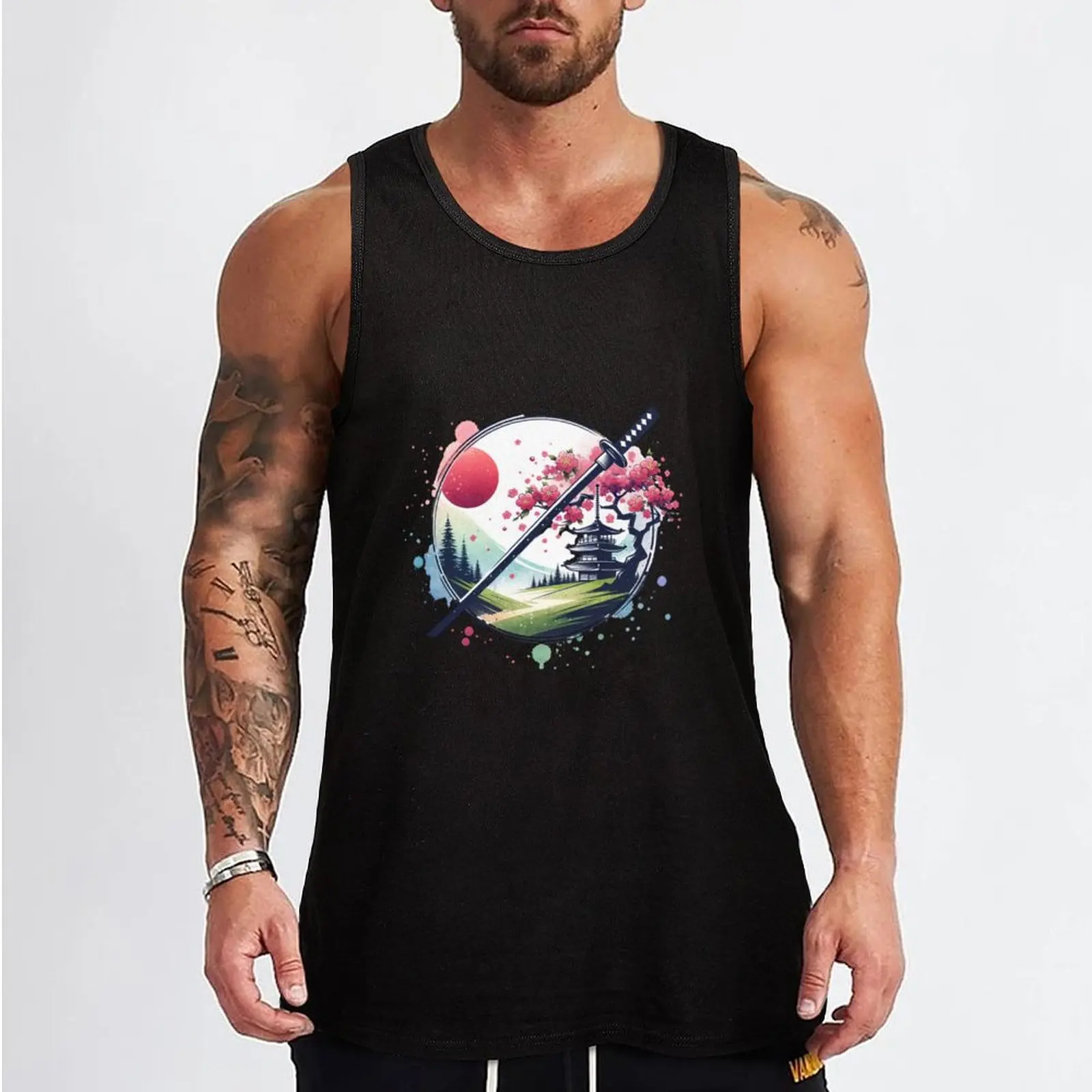 Japanese landscape with katana, red sun, pagoda, cherry blossoms, modern style Tank Top Body man Sleeveless top