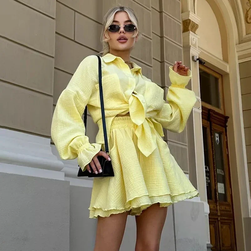 

Ruffled Shorts Suit Women's Long Sleeve Lapel Solid Shirt Casual Double Layer Shorts Sets Summer Fashion Ladies Outfits