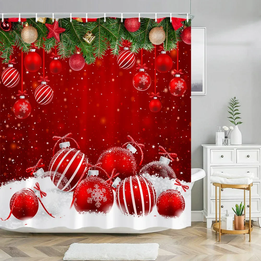 Christmas Balls Shower Curtain Colorful Xmas Balls Green Candy Canes Hanging on Pine Tree Branch for Christmas Ornament Branches