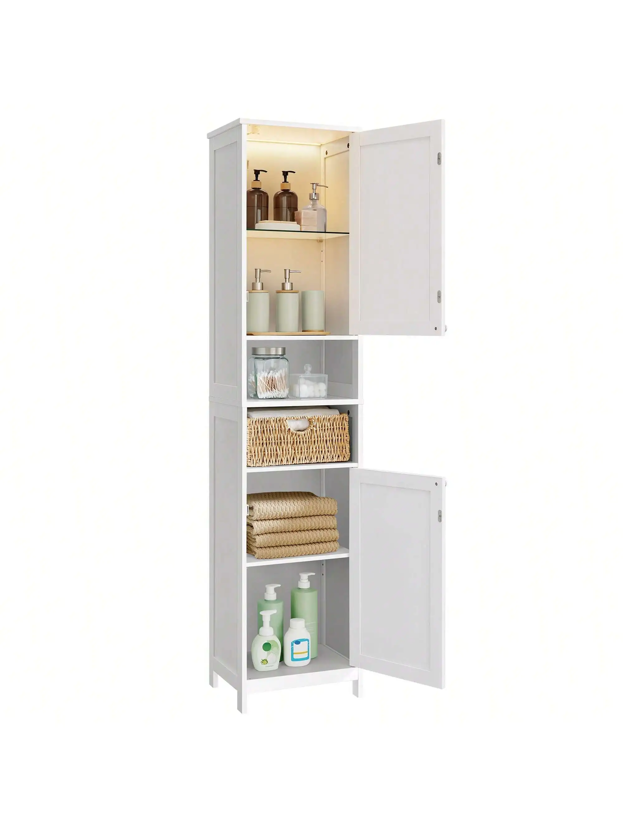 VASAGLE Tall Bathroom Cabinet With Lights, Slim Bathroom Storage Cabinet, Freestanding Narrow Cabinet With Adjustable Shelves