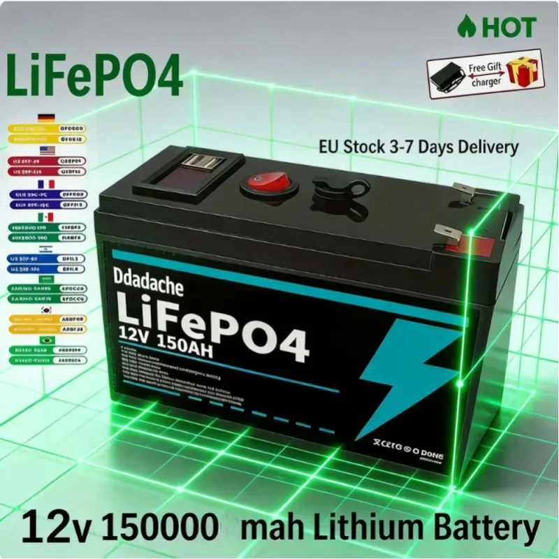 LiFePO4 12V 150Ah wiederaufladbare Lithiumbatterie, integriertes BMS, perfekt für Aufsitzspielzeug, Solarmodule, Fischfinder, Power Wheels