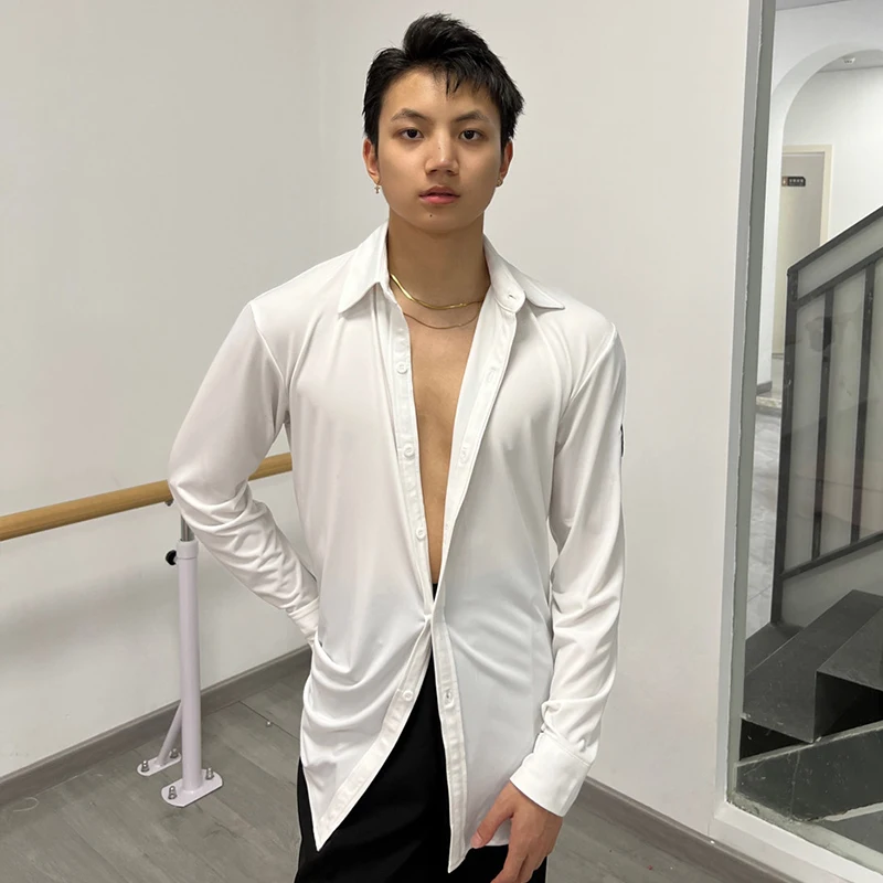 Weiß Latin Dance Top Für Männer Langarm Leistung Hemd Erwachsene Tango Rumba Tanz Kostüme Männlich Latin Praxis Kleidung VDL4090