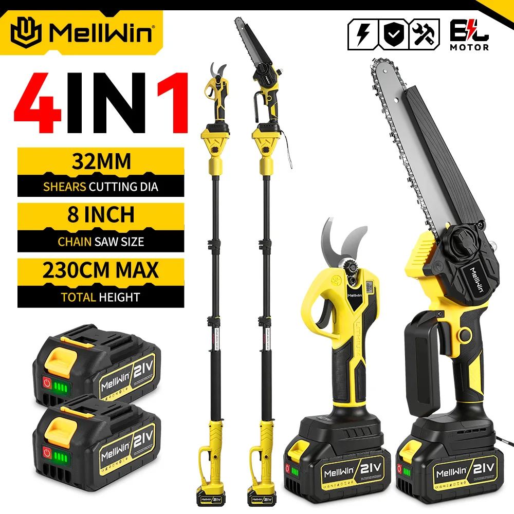 MELLWIN Set di Attrezzi da Giardinaggio 4 in 1 con Asta Telescopica Senza Spazzole, Motosega da 8 Pollici e Forbici da Potatura da 32MM, Compatibile con Batteria Makita 18V