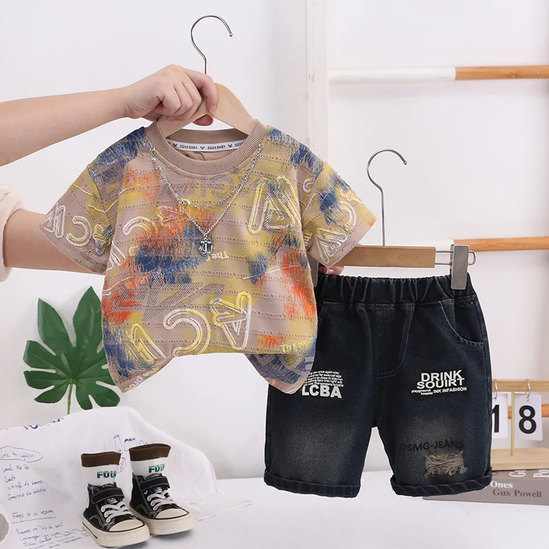 

Детские комплекты одежды из 2 предметов: Новинка 2026 года, летние футболки с принтом тай-дай и граффити и джинсовые шорты для малышей, детская одежда