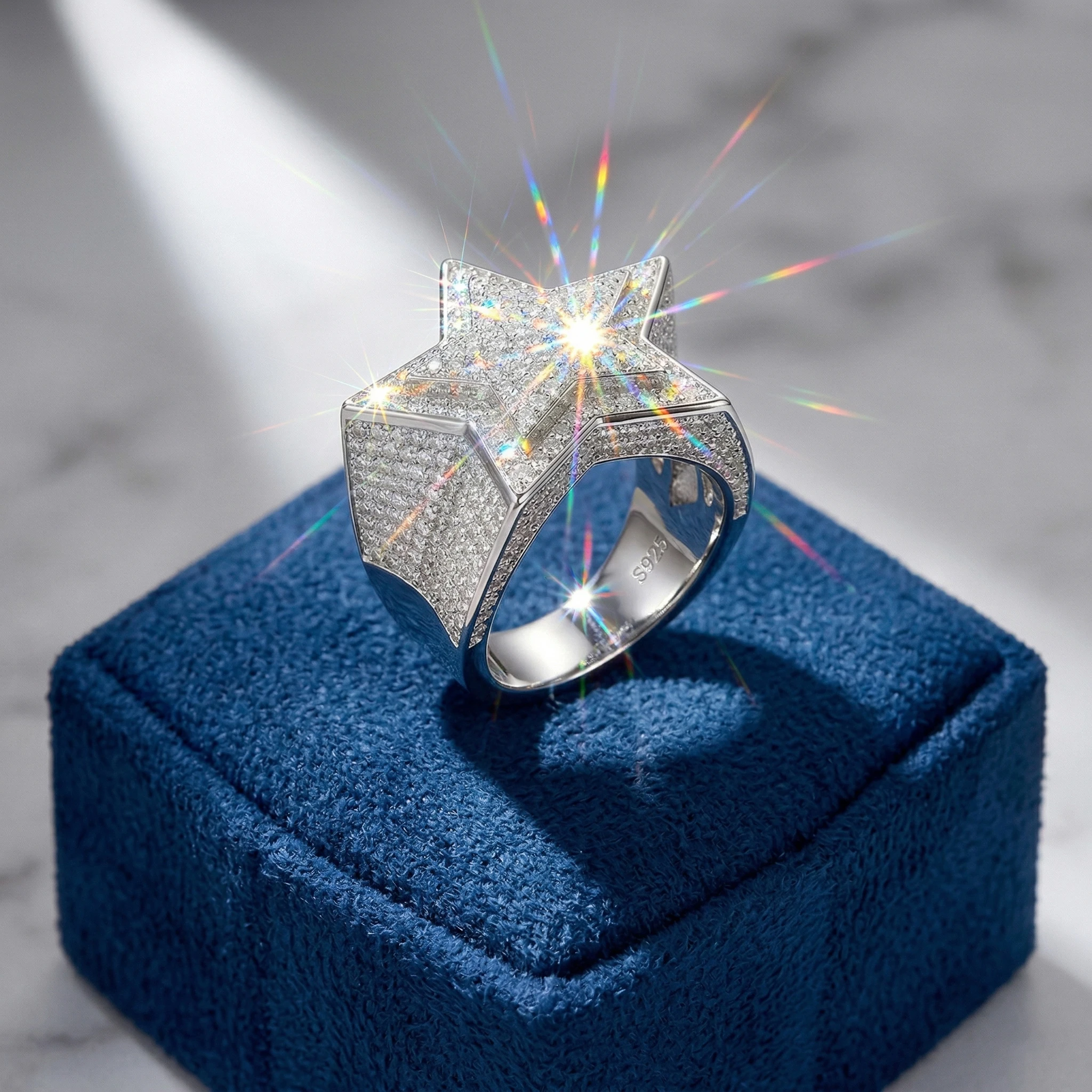 Five-Pointed Star Zircon Ring, 925 Silver, D Color VVS1, Heavy Full Pave, Men's Street Hip Hop Style, Passes Diamond Tester,Luxury Sparkling Anniversary Fine Jewelry Gifts for Couples Wife Men Women Boys Girls Friends