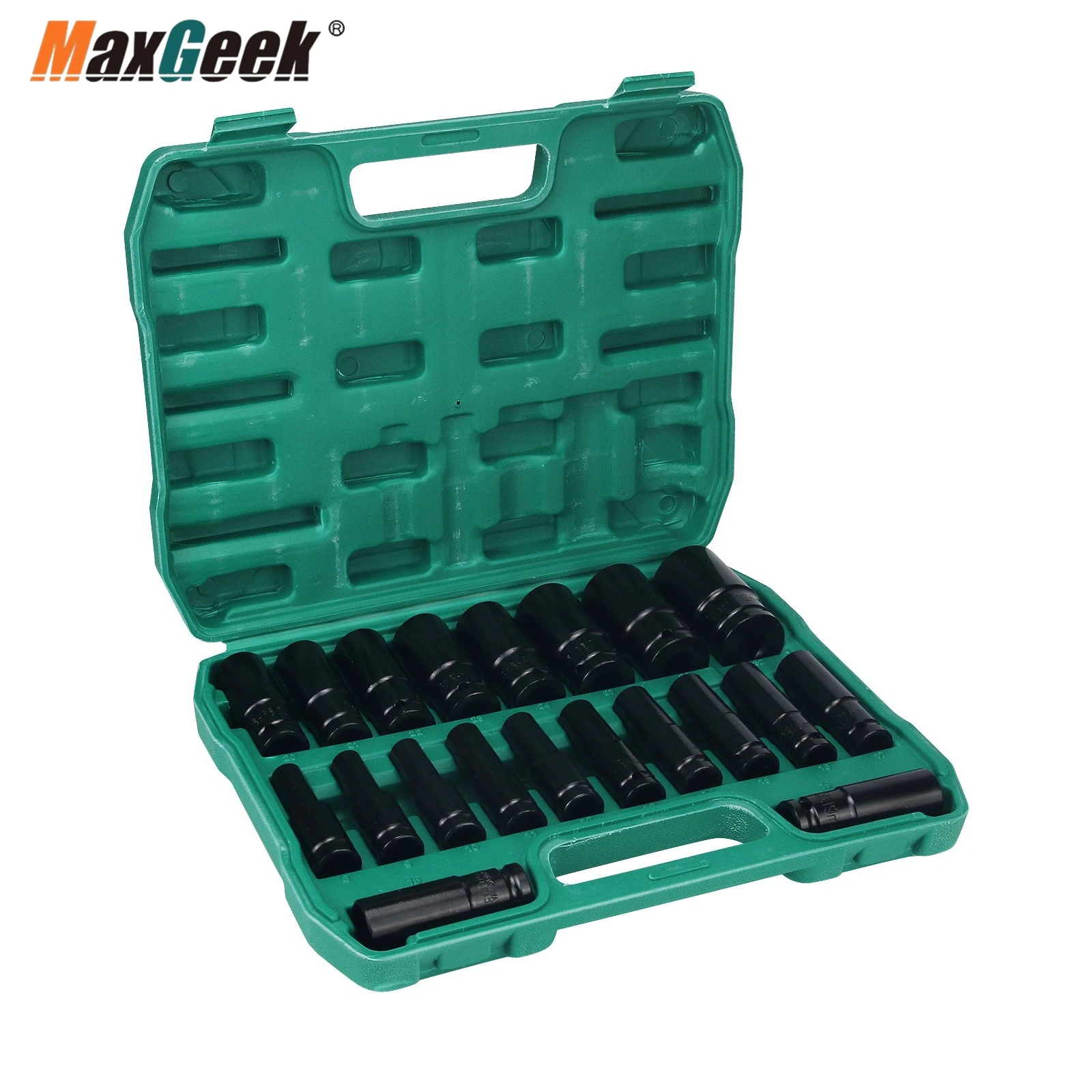 Maxgeek 20PCS Impact Socket Set Metric Long Hex Socket Set with Plastic Storage Box for Electric Wrenches