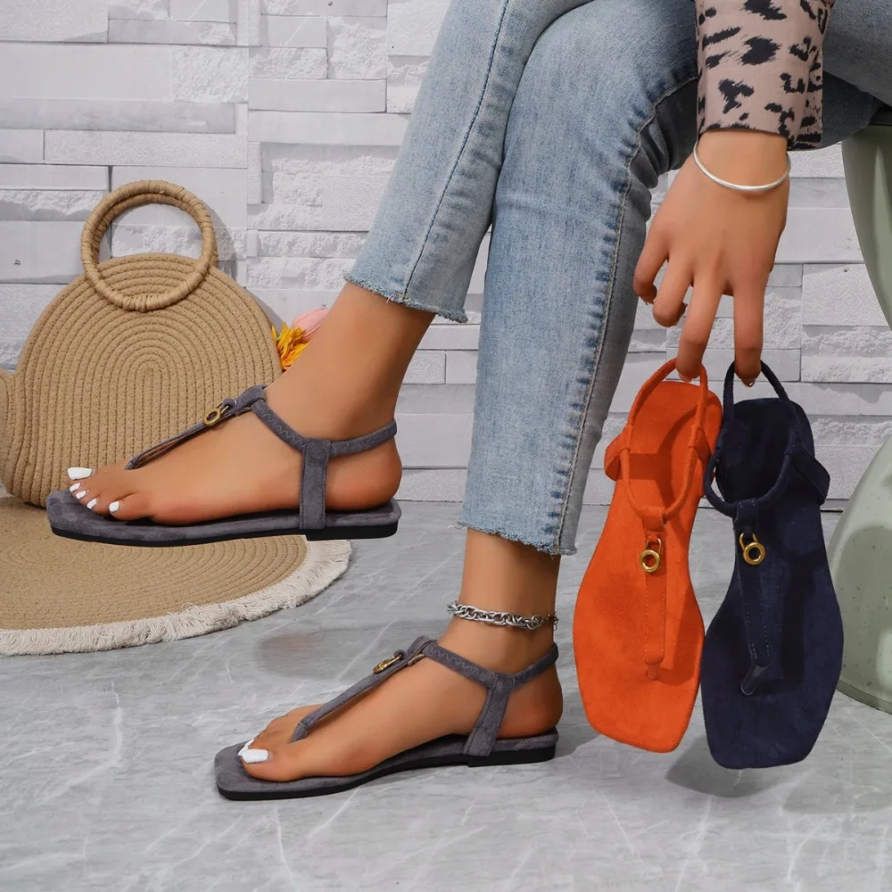 Women's Square Toe Thong Sandals, Faux Suede Slingback Flat Sandals, Metal Ring Decor Ankle Strap Summer Casual Flip Flop Shoes