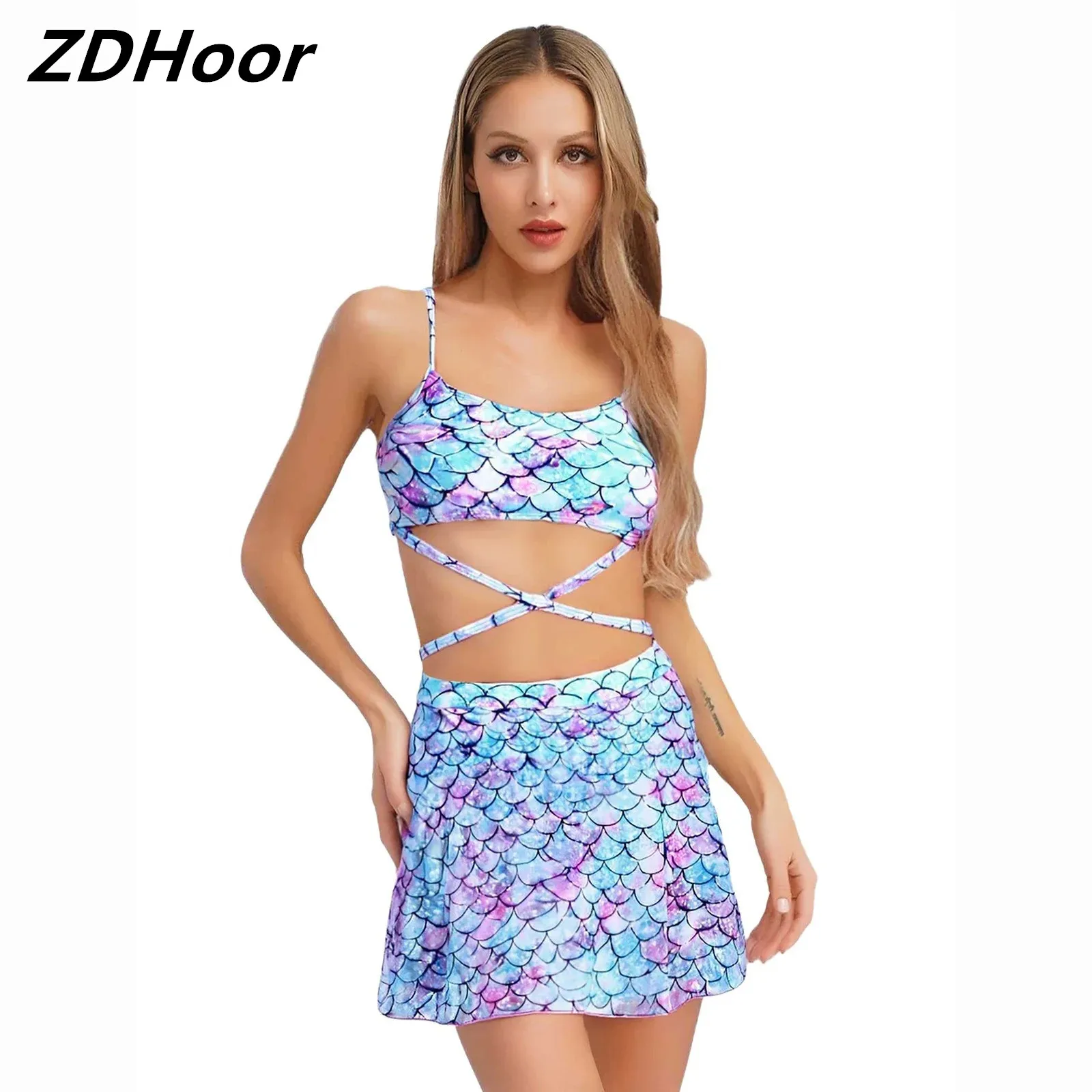 

Women Mermaid Swimsuit Chest Pads Cross Straps Tankini Swim Tops And Mesh Skirt Set Summer Beach Fish Scaled Bathing Suit