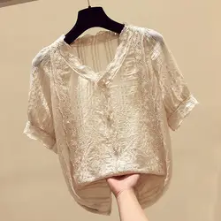 Camisa de manga corta con cuello en V de retazos de encaje Vintage para mujer, blusa elegante y dulce de Color sólido que combina con todo