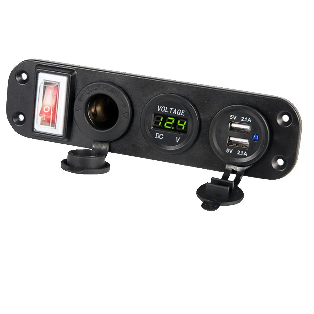 Waterproof Car USB Socket Panel with Digital Voltmeter and Marine Toggle Rocker Switch for Boat Truck