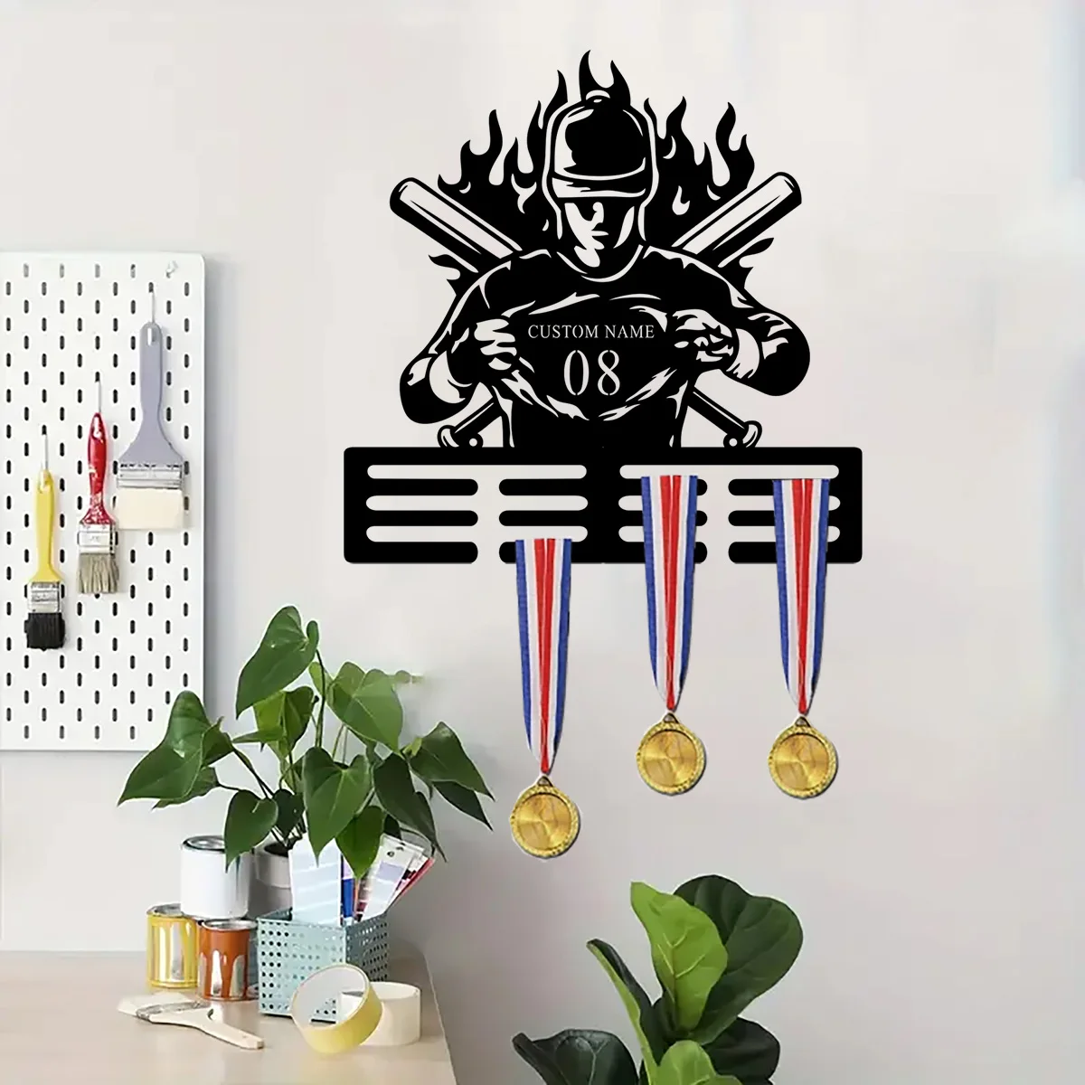 Custom Personalized Baseball Player Medal Display Hanger, Art Decor Style Metal Wall Sculpture, Custom Name Medal Holder