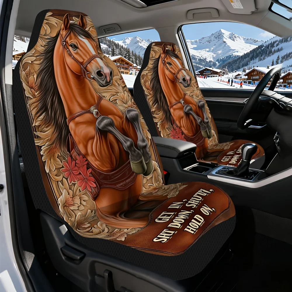 2pcs Universal Car Seat Covers Set, Horse And Floral Leather Art Print, Trendy Vehicle Seat Covers. Fits Weekend Fishing Trips &