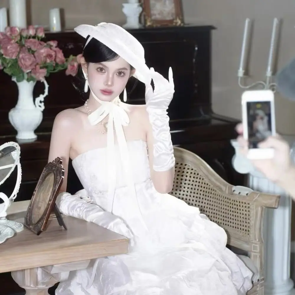 Fashion White Lace Tied Topper Hat Sunscreen French Style Hepburn Style Formal Hat Thin Flat-top Teaparty Hat Streetwear