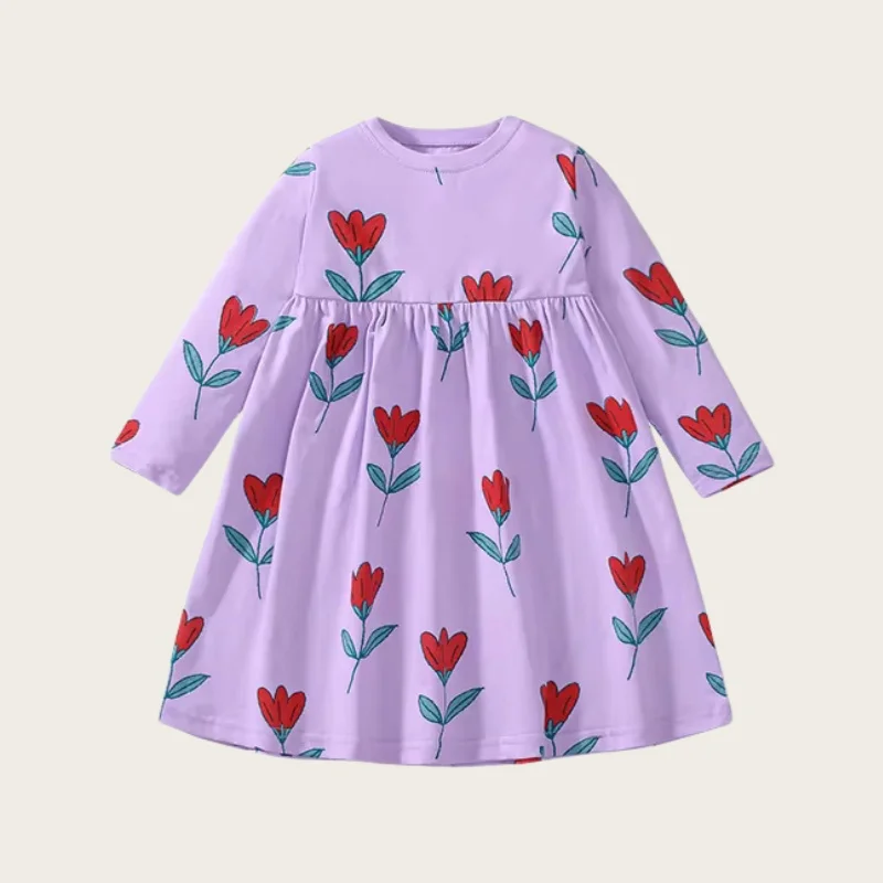 New In Autumn Cotton Children Girls Dress Cartoon Tulip All Over Print Long Sleeve Cute Homewear Dress Casual Girls Outfits