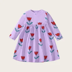 New In Autumn Cotton Children Girls Dress Cartoon Tulip All Over Print Long Sleeve Cute Homewear Dress Casual Girls Outfits