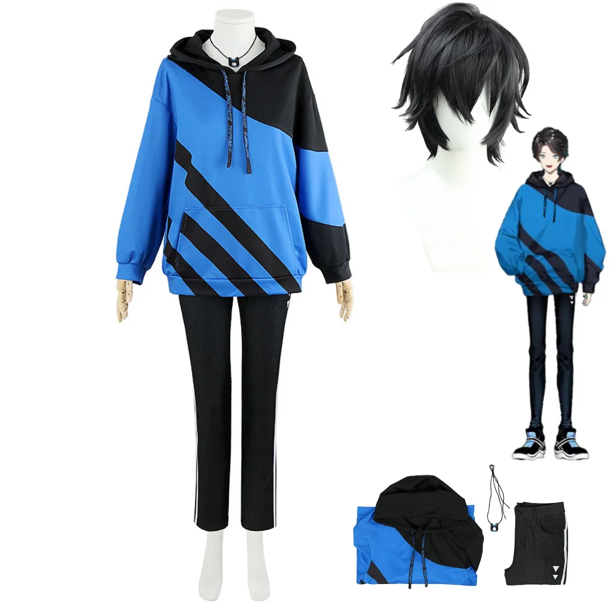 Anime Virtual Nijisanji Axia Krone Cosplay Costume Wig Daily Treasure Blue Hoodies Uniform Man Woman Carnival Party Set