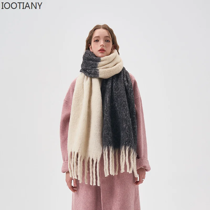 

Winter Thickening And Lengthening Faux Cashmere Shawl Simple Colour Blocking Soft Touch Plush Scarf Leisure Warm Tassel Scarf