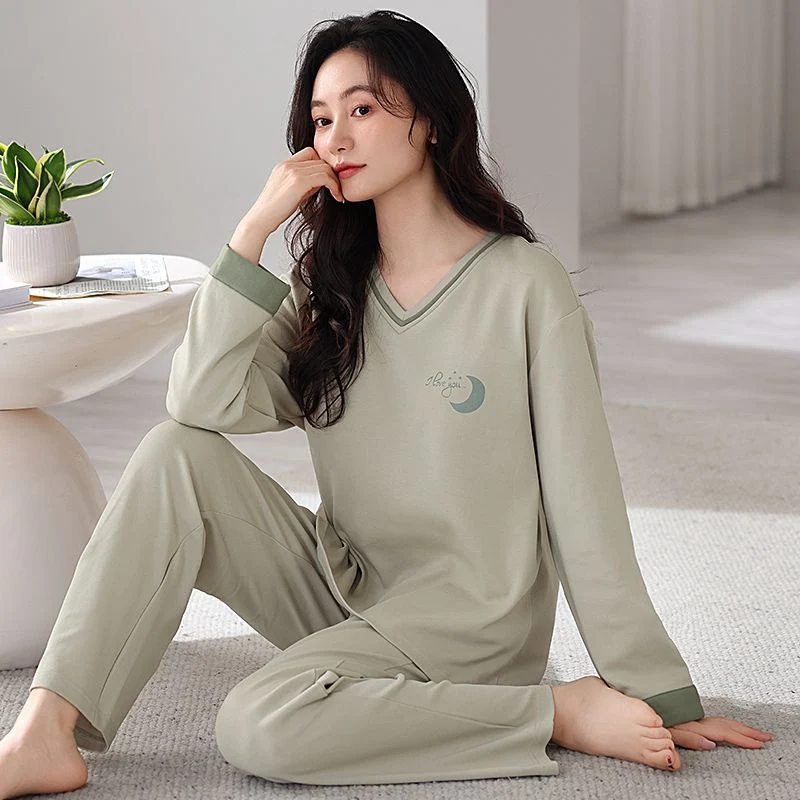 용수철 플러스 사이즈 긴팔 V넥 코튼 파자마 세트, 한국 잠옷, 가정 의류, 2025