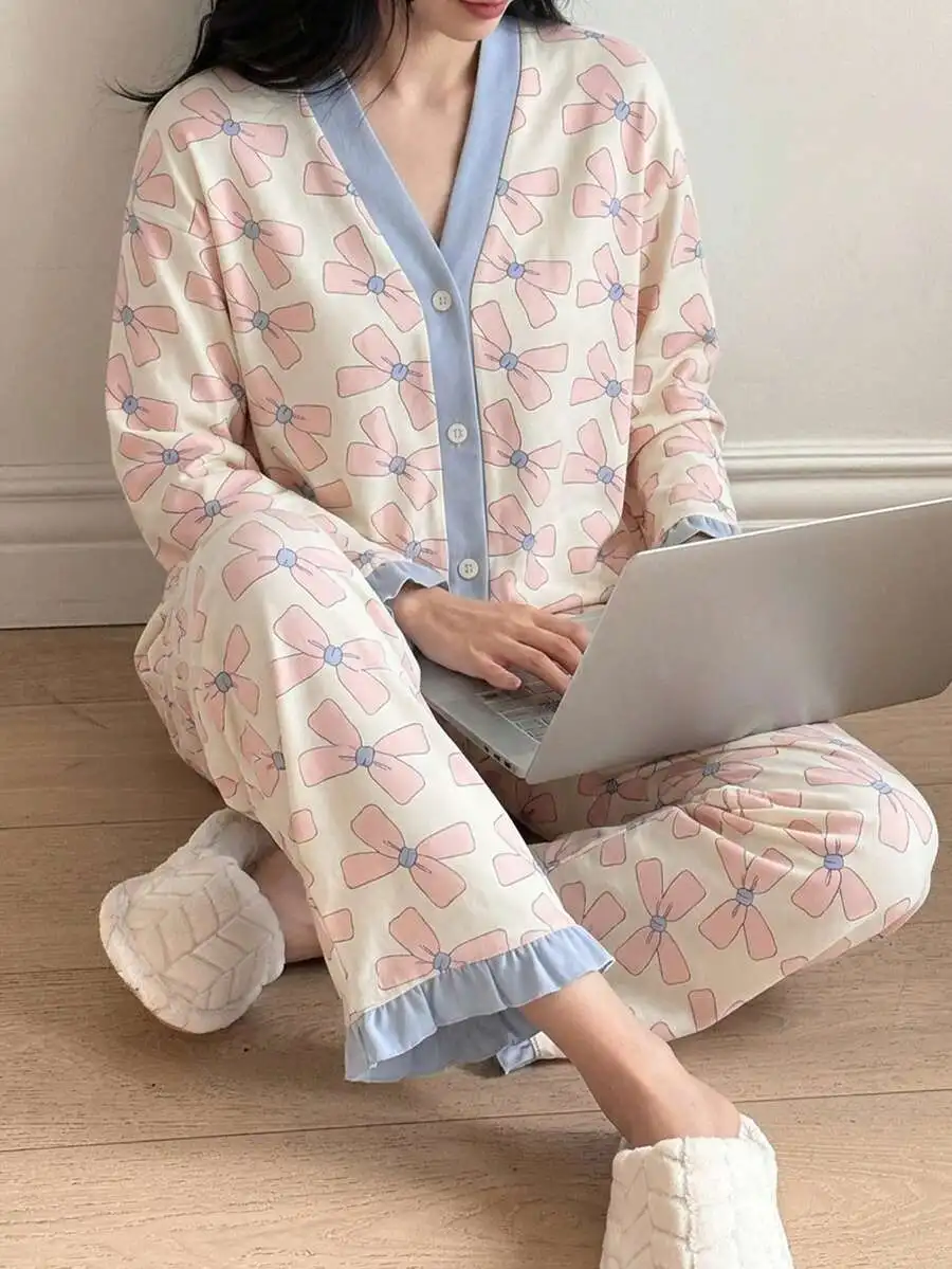 

[PONX]2pcs Women's V-Neck Pajama Set, Long Sleeve Shirt & Long Pants, Soft Skin-Friendly Loungewear, Spring & Autumn, Fall Winte