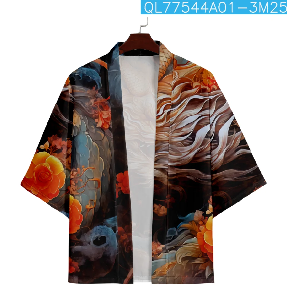 Koszula z nadrukiem smoka w stylu chińskim Tradycyjne Kimono Haori Kobiety Mężczyźni Azjatycki Streetwear Kardigan Yukata Cosplay