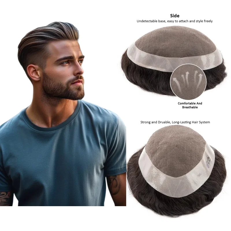 قاعدة أحادية ودانتيل + PU مجموعة شعر مستعار للرجال D7-3 |   قطعة شعر بشري 100% بديلة بعقدة مبيضة