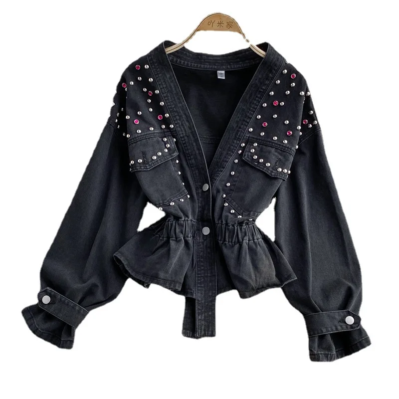 Cross-border Autumn Winter New Korean Version V-neck Beaded Denim Jacket Short Women's Loose Hong Kong Style Student  Casual Top