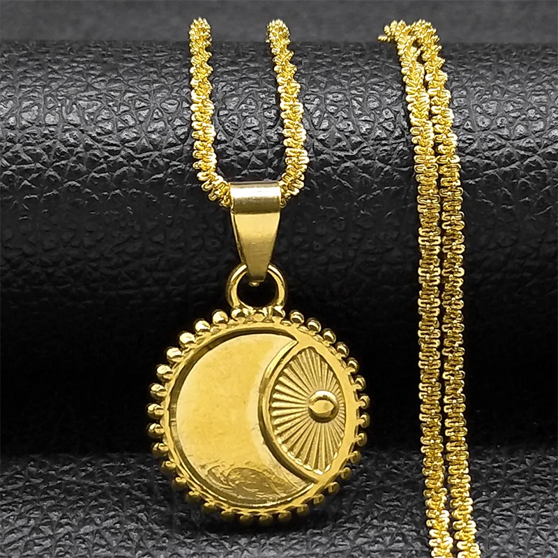 

Summer Boho Vintage Pendant Necklace For Women Stainless Steel Gold Color Sun Moon Necklace Couple Jewelry Engagement Gifts