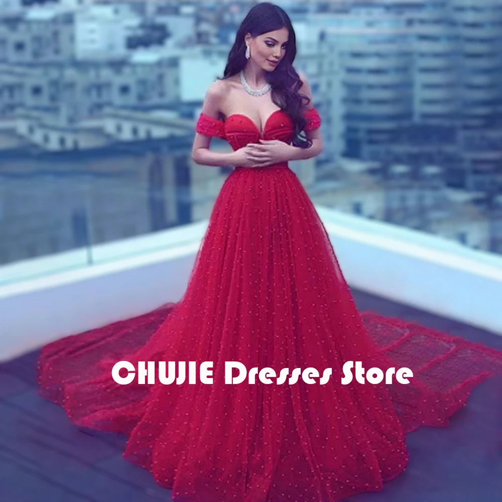 

Customized Red Off Shoulder A Line Evening Dress For Woman With Pearls Modern Fashion Prom Dress vestidos de noche فستانCustomi