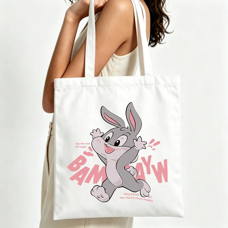 cute rabbit graphic canvas tote bag with letter print, perfect for casual daily use and summer outings