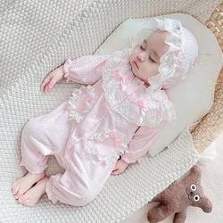 2023 Bodysuit Baby Girls newborn Full Sleeve Autumn Climbing Cotton Lace Bow Pink Lovely Soft Warm Unhooded