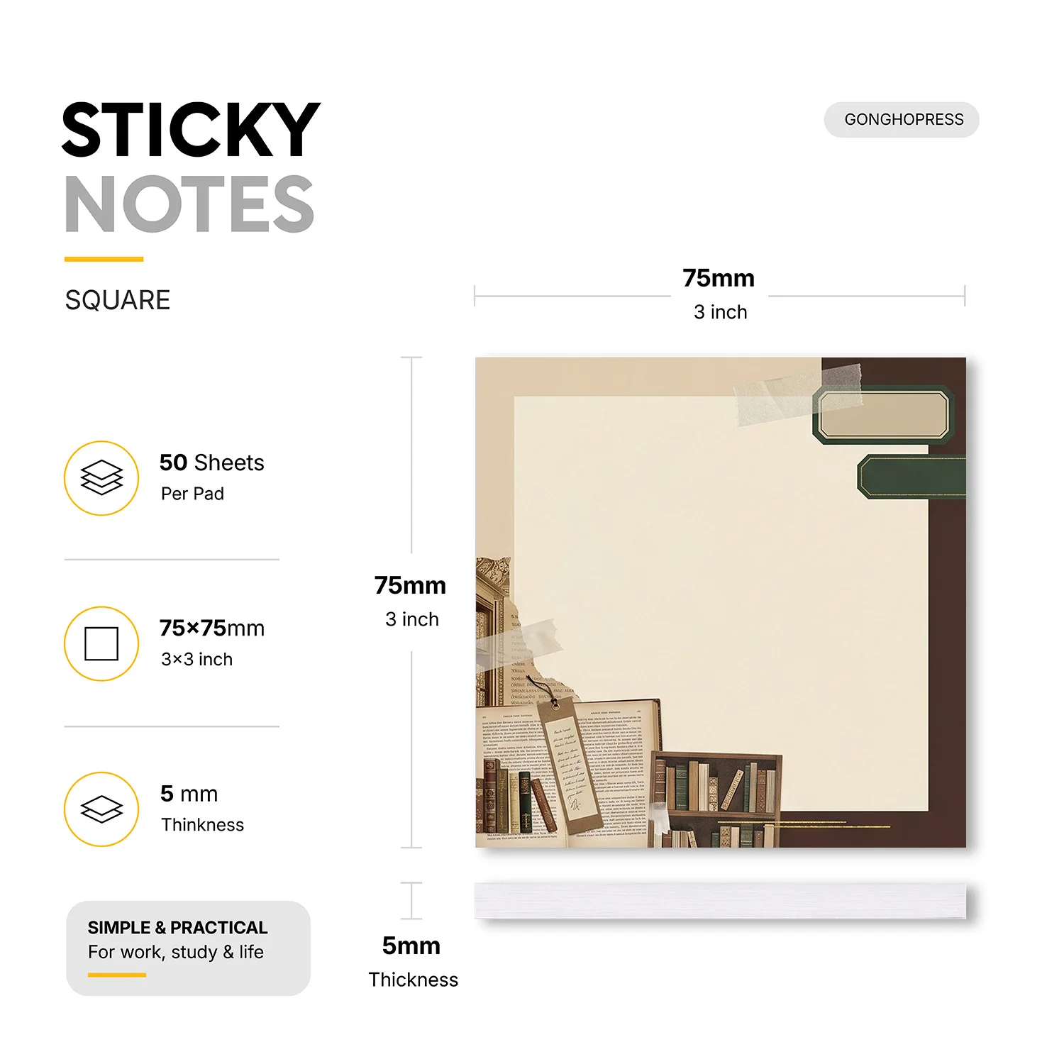 2pcs Vintage Library Sticky Notes, Book Reading Self-Adhesive Memo Pads, 100 Sheets Total, Aesthetic Study Removable Notes