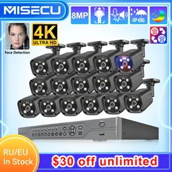 Misecu H.265 Ultra HD 4K 16CH POE Security Camera System 8MP Smart AI Full Color Night Face Detect CCTV Record Surveince Set 4TB